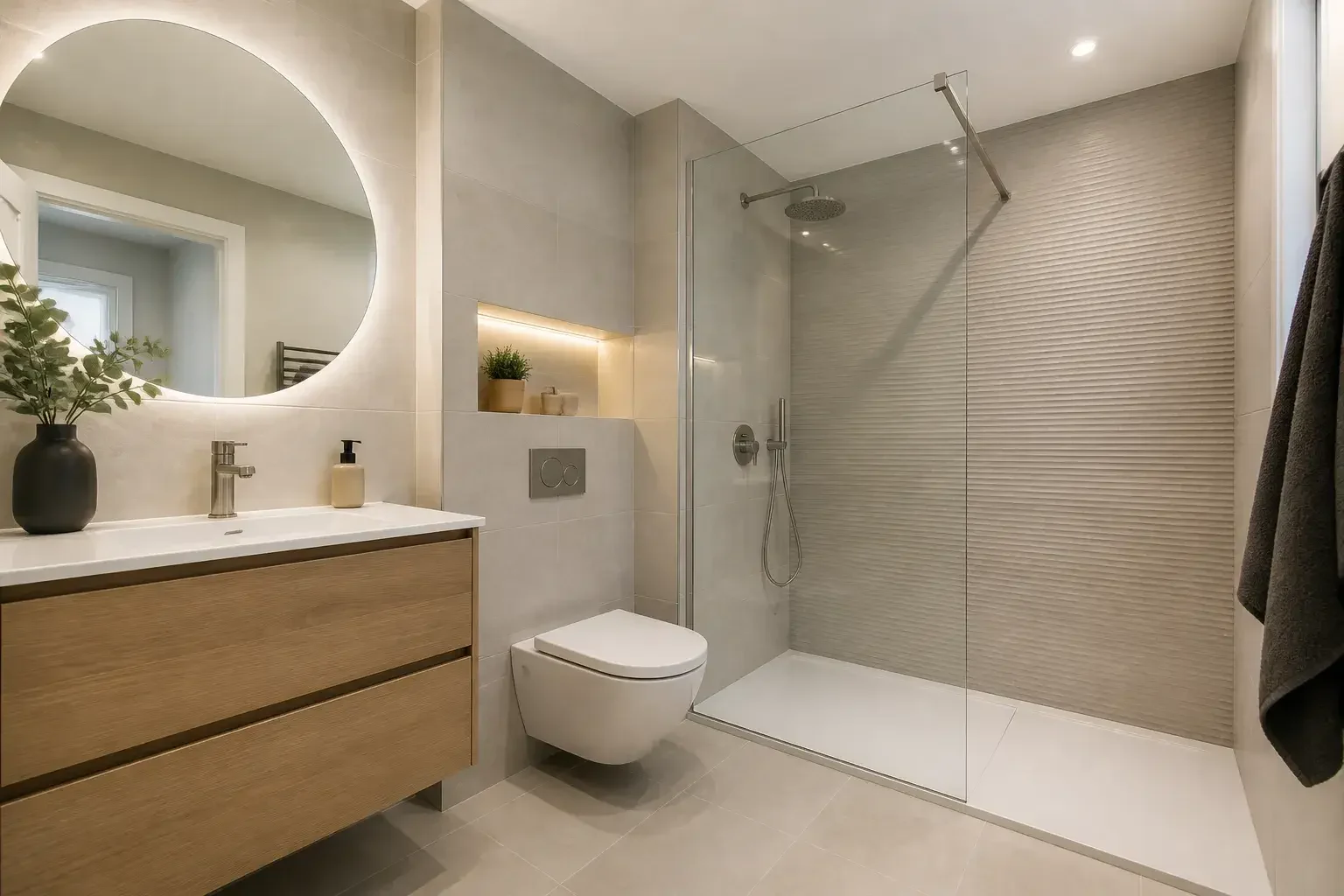 Baño renovado y listo para usar en un piso de Madrid.