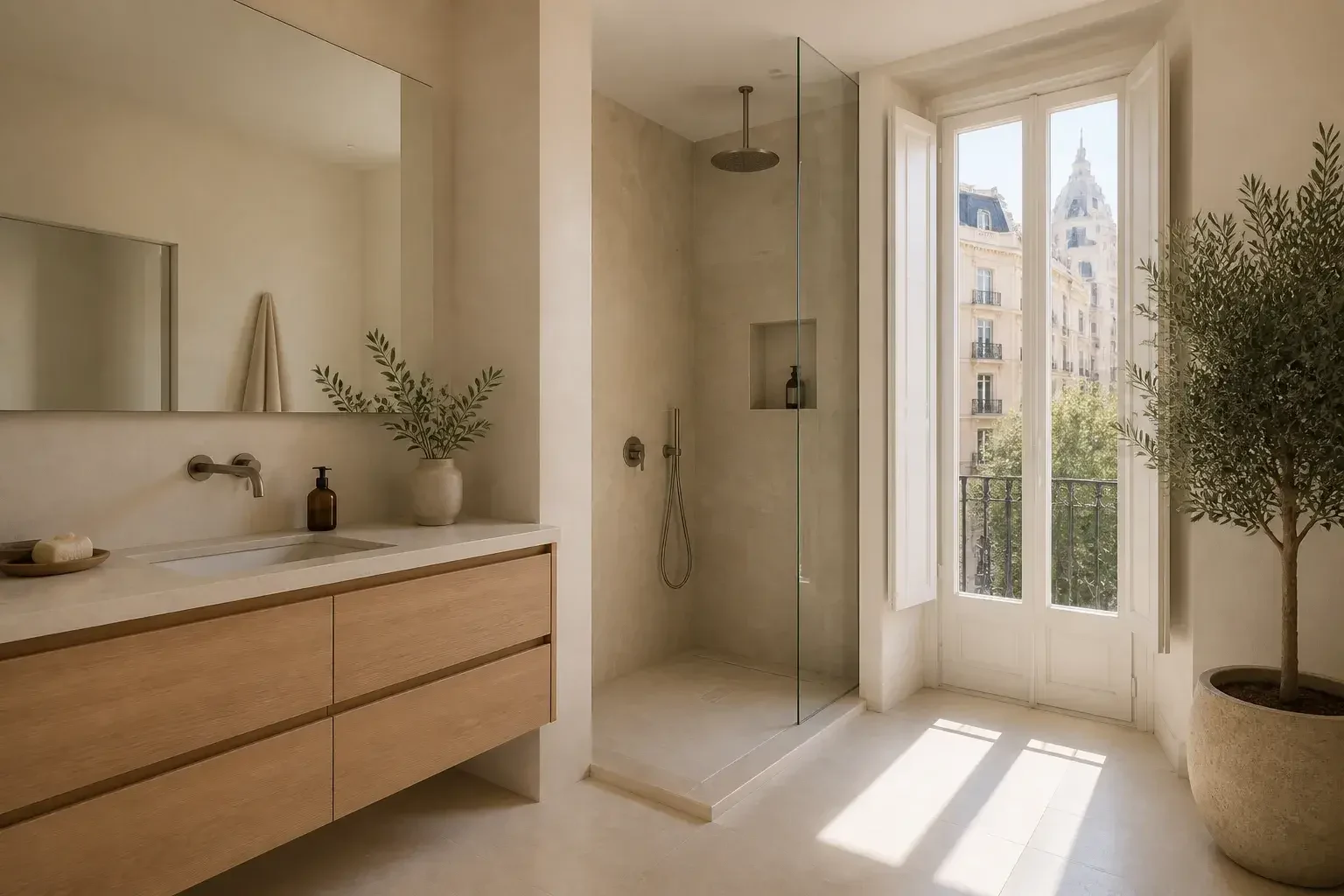 Baño moderno y despejado con espacio visual para texto.